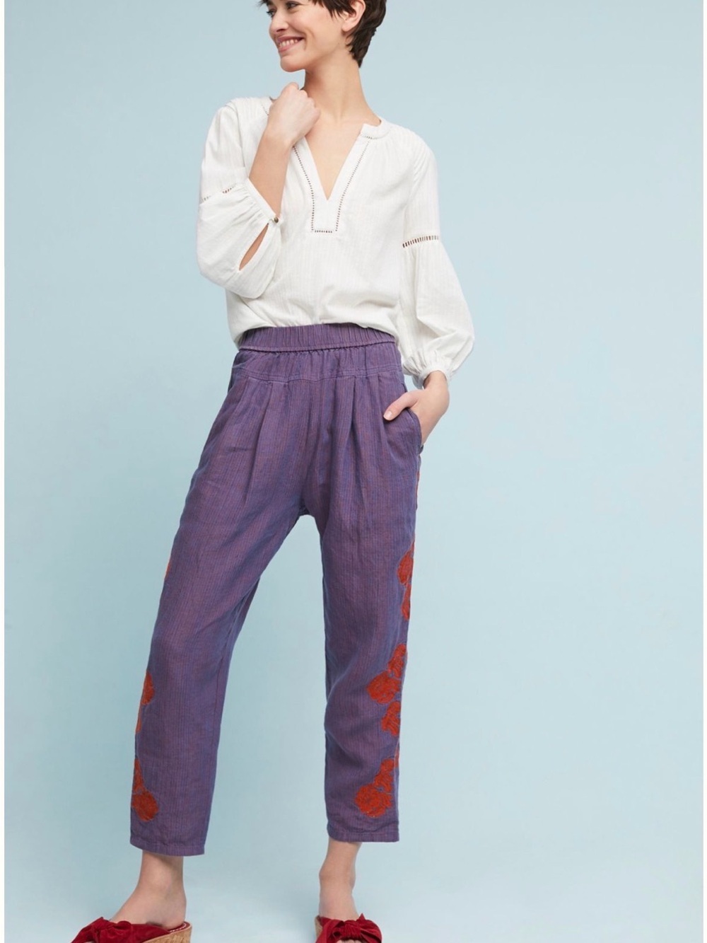 Purple Embroidered Relaxed Linen Blend Pants